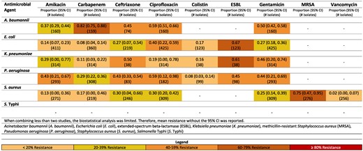 Resistance patterns of A. baumannii, E. coli, K. pneumoniae, P. aeruginosa, S. aureus and Sa. Typhi isolates found in blood stream infections (sepsis) to the antimicrobial agents of interest in Iran.13–29