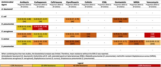 Resistance patterns of A. baumannii, E. coli, K. pneumoniae, P. aeruginosa, S. aureus and Str. pneumoniae isolates found in burn-related infections to the antimicrobial agents of interest in Pakistan.100–108
