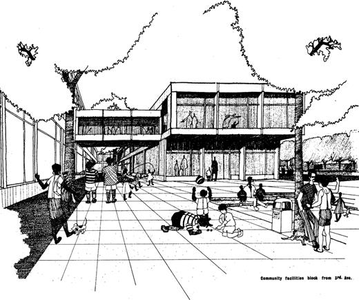 This August 1968 architect's rendering shows Triangle Commons, the community and social services center to be located at the center of the East Harlem Triangle neighborhood. Planners envisioned its plaza as a vibrant public space that maintained Harlem's civic life. Reprinted from Architects' Renewal Committee in Harlem, East Harlem Triangle Plan (New York, 1968), 53. Drawing by E. Donald Van Purnell. Courtesy Arthur L. Symes.