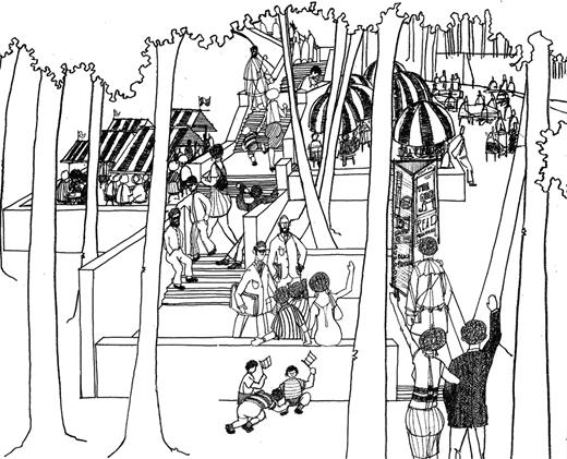 This September 1968 architect's rendering shows residents on the public space intended for the cleared gymnasium site in Morningside Park. It suggests the vision of the Architects' Renewal Committee in Harlem and the West Harlem Community Organization of the space as inclusive, welcoming of all Harlemites, and supportive of the era's radical politics. Signage includes the advice “Read Muhammad Speaks” and “Support Black Panthers.” Reprinted from Architects' Renewal Committee in Harlem and West Harlem Community Organization, West Harlem Morningside: A Community Proposal (New York, 1968), 34. Drawing by E. Donald Van Purnell. Courtesy Arthur L. Symes.