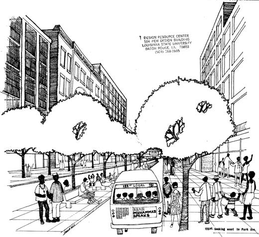 This 1968 Architects' Renewal Committee in Harlem (arch) rendering of 125th Street from the East Harlem Triangle plan was also used by arch to represent Eighth Avenue in the West Harlem plan, suggesting this as an ideal type symbolizing the organization's vision for Harlem's major boulevards. Eclectic buildings align to define a public realm in which residents gather, converse, and display symbols of the black power movement. Reprinted from Architects' Renewal Committee in Harlem, East Harlem Triangle Plan (New York, 1968), 38. Drawing by E. Donald Van Purnell. Courtesy Arthur L. Symes.
