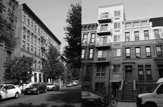By the late twentieth century, new development in Harlem typically retained, repaired, or sensitively replaced the neighborhood's built fabric, but the residents of such housing were increasingly affluent. Pictured here are two examples, both on West 131st Street. Shown on the left is West One Three One Plaza, a middle-income condominium building developed by a Harlem-based community development corporation and completed in 1993. Harlem Sol, a privately developed condominium building, is shown on the right. Involving the restoration of a historic brownstone and contextual new construction, the structure was completed in 2011. Photographs by Brian D. Goldstein. Courtesy Brian D. Goldstein.