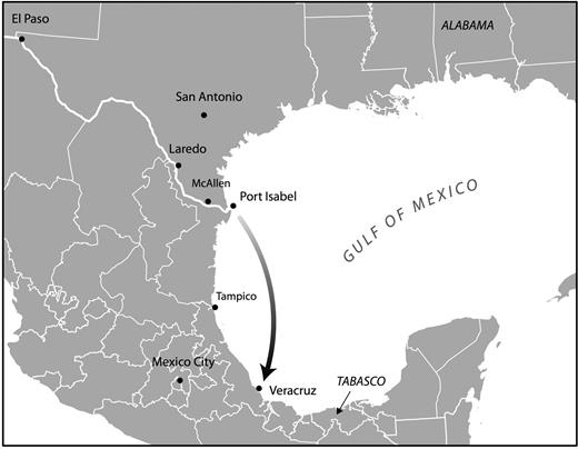 This map shows the route used to transport deportees from Port Isabel, Texas, to Veracruz, México, between September 1954 to August 1956. Each trip, undertaken by cargo ships not designed for passenger travel, took up to forty-eight hours. Map created by Daniel Immerwahr.