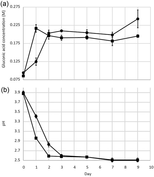 Gluconic acid production (a) and pH trace (b) of a G. oxydans culture with (circle) and without (square) contacting 0.1% pulp density bauxite residue. P-values for gluconic acid concentration and pH were only significant on day 1 (P = 0.006 and P = 0.01, respectively). Data points are averages of replicates (n = 3) ± SE.