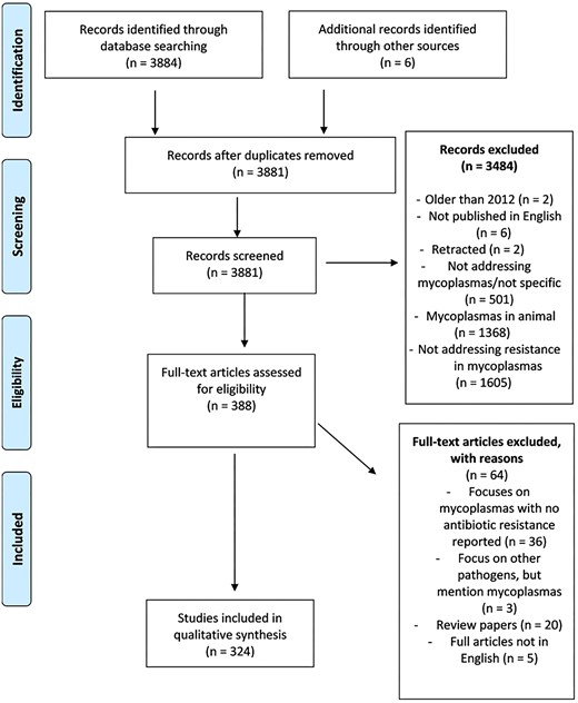 A PRISMA (Preferred Reporting Items for Systematic Reviews and Meta-Analyses, Page et al. 2021) chart that shows the criteria used for sorting data and a summary of articles that are eligible for inclusion in the analyses of infection rate, resistance rate, and resistance mechanisms in Mycoplasma and Ureaplasma spp.