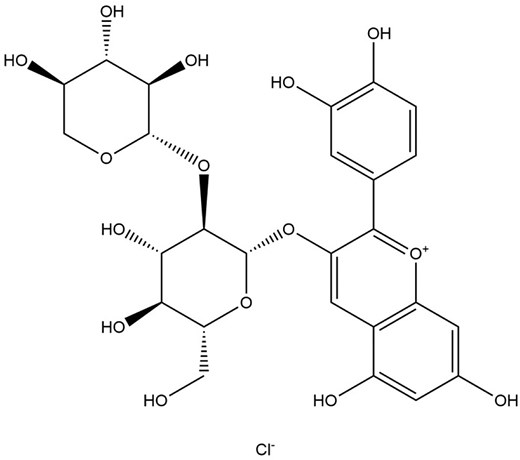The chemical structure of cyanidin 3-sambubioside.