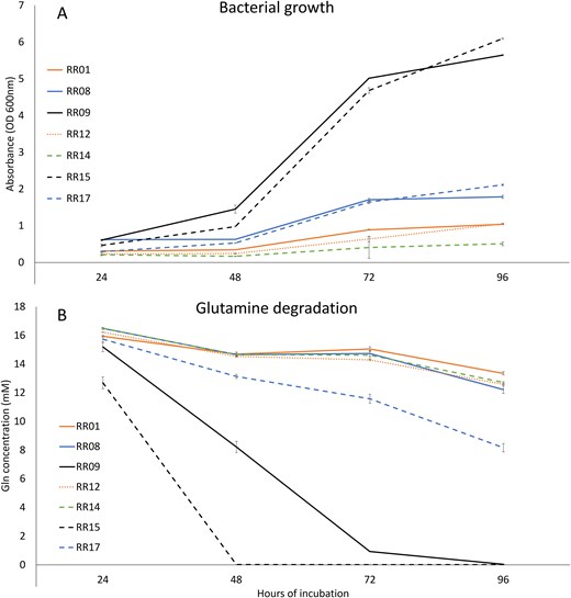 Relative bacterial growth on medium with Gln as the sole carbon source (A) as measured by culture turbidity, and relative Gln degradation (B) as measured by UPLC-MS/MS. Error bars are ± standard deviation.
