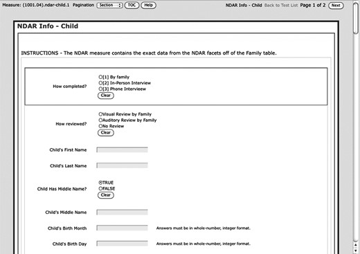 Portion of online graphical interface for entering fields of identifying information for a child.