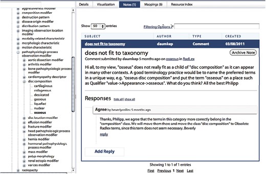 Notes in BioPortal. Registered users of BioPortal can comment on any of the ontologies in the repository. They can point out what they believe to be errors or can make suggestions for changes. Other users can respond to these comments and begin a threaded discussion. In the figure, a user has left a note in the RadLex Ontology suggesting that the term ‘osseous’ may be misclassified. Another user has left a note agreeing that the term needs to be relocated in a future version of RadLex.