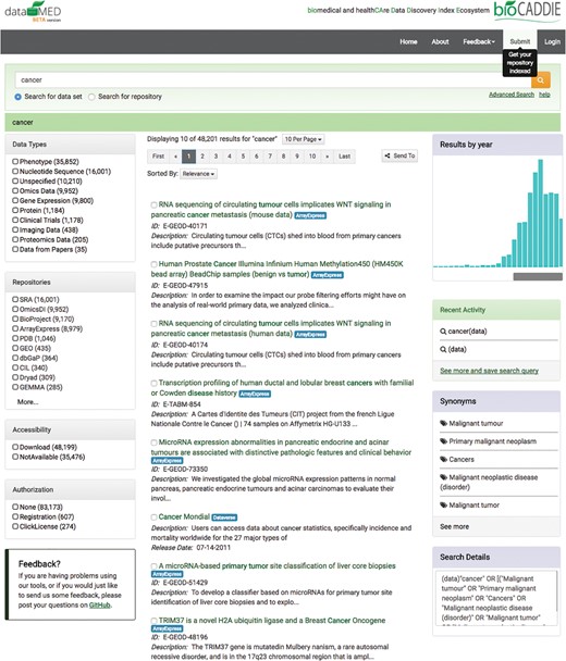 Screenshot of search page in DataMed