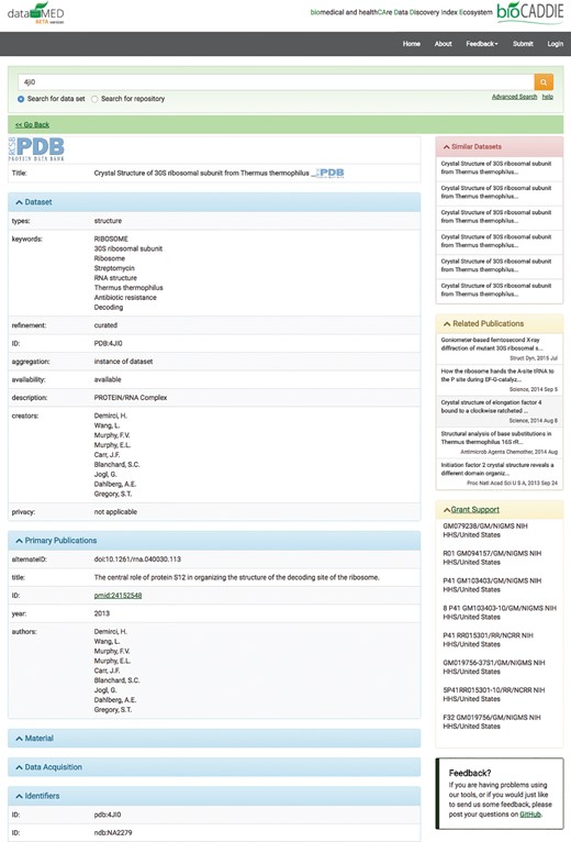 Screenshot of a single item page in DataMed
