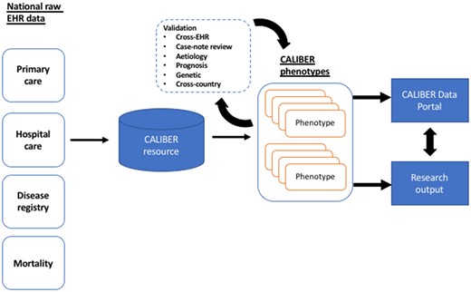 The CALIBER platform (https://www.caliberresearch.org) links national structured electronic health records (EHRs) across primary care, secondary care, and mortality for research. EHR-derived phenotypes are created using an iterative methodology and 6 independent approaches of evidence are generated to assess algorithm accuracy. More than 50 phenotypes are published in an open-access resource, the CALIBER Portal (https://www.caliberresearch.org/portal), and are used in >60 publications.