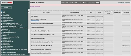VLER系统中单个退伍军人的可用医疗记录列表。