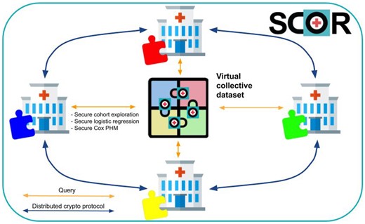 The SCOR MedCo approach: when an institution queries the virtual collective dataset, it engages in a distributed cryptographic protocol with all the other institutions to securely obtain the result of the query. MedCo provides end-to-end protection against unauthorized access to data thanks to homomorphic encryption, which allows keeping the data in an encrypted state not only at rest and in transit but also during computation (safe settings). MedCo also removes the need for a central trusted authority by leveraging secure multiparty computation. The result of a query/analysis can be decrypted only through a distributed protocol that involves the approval of all the participating institutions. If 1 or more institutions are compromised by a cyber attack, the others can refuse to decrypt the data, thus keeping the data secure.