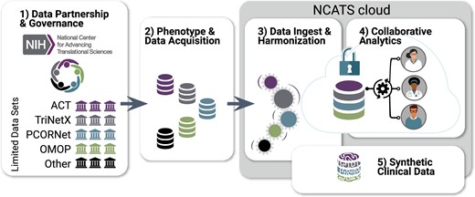 Establishing National COVID Cohort Collaborative (N3C) sociotechnical processes and infrastructure via community workstreams. Each workstream includes representatives from National Center for Advancing Translational Sciences (NCATS),25 the Clinical and Translational Science Awards hubs,23 the Center for Data to Health,26 sites contributing data, and other members of the research community. (1) Data Partnership and Governance: This workstream designs governance and makes regulatory recommendations to National Institutes of Health (NIH) for their execution. Organizations sign a Data Transfer Agreement (DTA) with NCATS and may use the central institutional review board. (2) Phenotype and Data Acquisition: The community defines inclusion criteria for the N3C COVID-19 (coronavirus disease 2019) cohort and supports organizations in customized data export. (3) Data Ingest and Harmonization: Data reside within different organizations in different common data models. This workstream quality-assures and harmonizes data from different sources and common data models into a unified dataset. (4) Collaborative Analytics workstream: Data are made accessible for collaborative use by the N3C community. A secure data enclave (N3C Enclave), from which data cannot be removed, houses analytical tools and supports reproducible and transparent workflows. Formulation of clinical research questions and development of prototype machine learning and statistical workflows is collaboratively coordinated; portals and dashboards support resource, data, expertise, and results navigation and reuse. (5) Synthetic Clinical Data: A pilot to determine the degree to which synthetic derivatives of the Limited Data Set are able to approximate analyses derived from original data, while enhancing shareable data outside the N3C Enclave. ACT: Accrual to Clinical Trials; OMOP: Observational Medical Outcomes Partnership; PCORnet: National Patient-Centered Clinical Research Network.