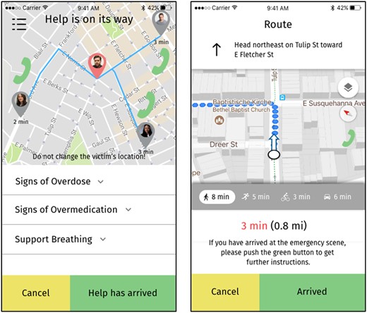 Sample mockups for a bystander requesting help for an overdose victim (left), and a responder bringing naloxone to the scene of the overdose (right).