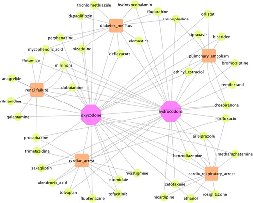 Visualization of top 5 ODIs (green nodes) for oxycodone and hydrocodone (purple nodes), respectively, causing increased risk of 5 selected example adverse events (orange nodes) (cardiorespiratory arrest, cardiac arrest, renal failure, diabetes mellitus, and pulmonary embolism). Abbreviation: ODIs: opioid-drug interactions.