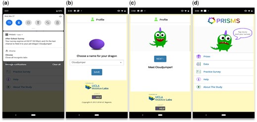 Screenshots of BREATHE’s ecological momentary assessment phone app. (A) A notification pops up on the smartphone at certain times throughout the day to collect information on symptoms, or if a sensed event triggers a specific survey. (B–D) To engage younger children in answering the surveys, gamification is employed, including the use of an animated dragon the user personally names when first starting the app. The pet dragon can be “fed” and kept happy whenever a survey is successfully answered, resulting in rewards. BREATHE: Biomedical REAl-Time Health Evaluation.