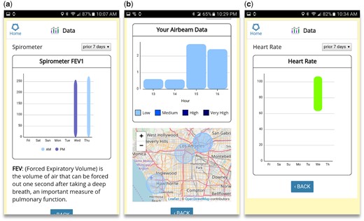 Return of information to end-users (patients/caregivers). Our design decisions reflected on how a layperson may interpret the information collected by BREATHE and subsequently draw (incorrect) conclusions. (A) Information on FEV1 spirometry with an explanation is provided. (B) Regional air quality information is provided in terms of PM and spatial location, averaged over a period of time to mitigate specific conclusions about location and experienced symptoms. (C) Basic physiological information. BREATHE: Biomedical REAl-Time Health Evaluation; FEV1: forced expiratory volume in 1 s, PM: particulate matter.