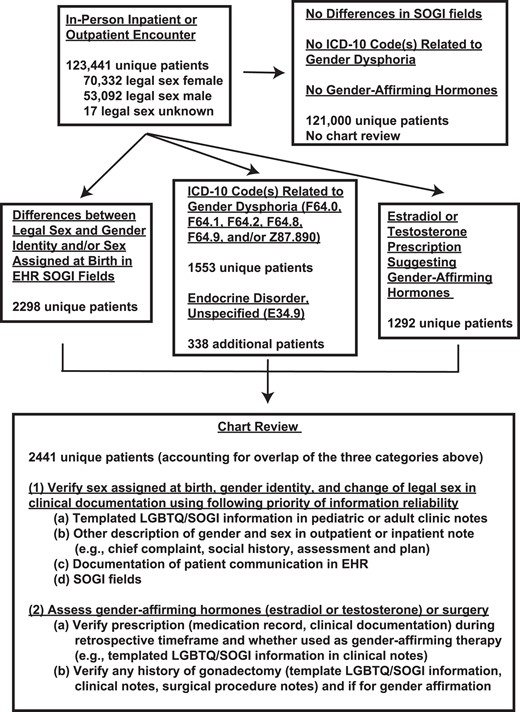 Flow diagram of data sources and analysis. A total of 123 441 unique patients had in-person encounters within the retrospective timeframe of the study: 2298 had differences in the EHR SOGI fields; 1891 had one or more encounters associated with an ICD-10 code related to gender dysphoria or unspecified endocrine disorder; and 1292 had estradiol or testosterone prescription suggesting gender-affirming hormones. All these data sources were obtained using EHR reporting tools. Chart review using the information described was performed on the 2441 unique patients resulting from overlap of the 3 broad data sources (SOGI fields, ICD-10 codes, prescriptions). Chart review was not performed for the remaining 121 000 unique patients who did not meet any of the categories above. EHR: electronic health record; LGBTQ: lesbian, gay, bisexual, transgender, queer, and questioning; SOGI: sexual orientation/gender identity.