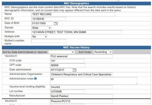 Screenshot of MIIC query results.