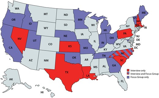 Registries participating in interviews or focus groups. Note: States in light blue were not included in the study.