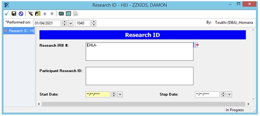 Screenshot of Cerner research ID powerform. The form has 3 required field: the IRB study number, the Research ID, and the enrollment (or start) date. A stop date field is available to be populated once the study is completed.