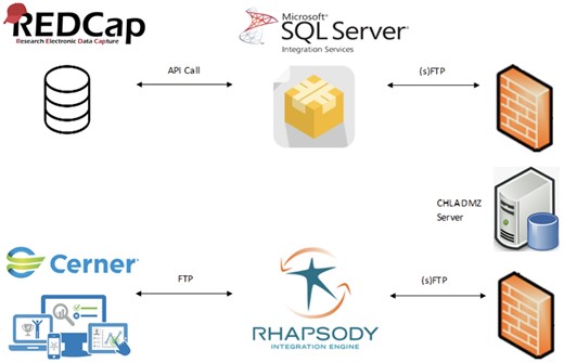 Diagram of data flow across systems. All components from REDCap to the CHLA DMZ server are hosted at our affiliated university partner. The rest are hosted at our institution.