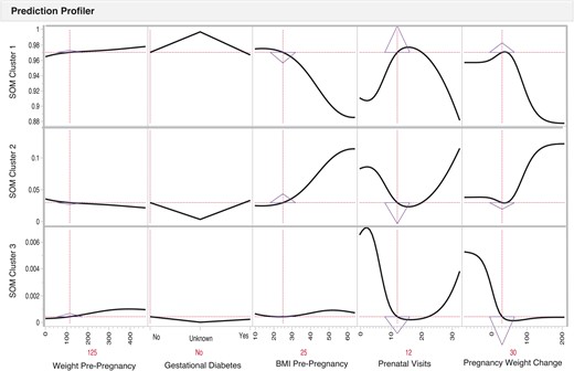 Risk prediction profiles for the SOM birth clusters identification using directed-learning neural network models of a pregnant person with a pre-pregnancy weight of 125 pounds, a 30-pound pregnancy weight gain, a pre-pregnancy BMI of 25, who does not have gestational diabetes, and who completed 12 prenatal care visits during their pregnancy. The pregnant person factors indicate the level of risk factors for an infant; y-axis indicates the probability for an infant to be classified within a specific SOM cluster when pregnant person’s factors exhibit a specific level of the predictor on the x-axis. A pregnant person has the individual risk profile described above, the infant has a higher probability (0.972) of being in SOM birth cluster 1, the healthiest birth outcome cluster. The sensitivity indicator triangles are pointed down in SOM birth clusters 2 and 3, indicating a lower probability of an infant being in SOM birth cluster 2 (0.028) or SOM birth cluster 3 (0.0003) with an individual woman with these factors. There is a difference in the sensitivity of pre-pregnancy birth weight and pre-pregnancy BMI as predictors for infant outcome cluster assignment, demonstrating the need to include both predictor factors in the analysis.