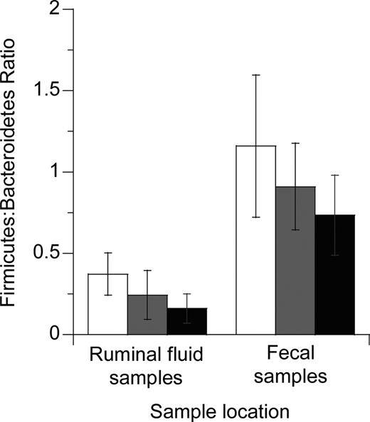 Effects of replacing concentrate with 0, 25, or 50% dried distillers grains with solubles (DDGS) in cattle rations on the Firmicutes:Bacteroidetes ratio in ruminal fluid and fecal samples collected 21 d after dietary switch. Open bars represent cattle fed a standard feedlot ration; gray bars indicate cattle fed 25% DDGS; and black bars show cattle fed 50% DDGS. Error bars represent SD.