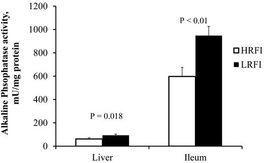 Liver and Ileum alkaline phosphatase activity in pigs divergently selected for high (HRFI) or low (LRFI) residual feed intake (n = 6 pigs/line).