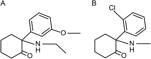 Structures: 2-(3-methoxyphenyl)-2-(ethylamino)-cyclohexanone (methoxetamine) (A); ketamine (B).