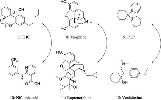 Structures of THC, morphine and PCP (top) along with cross-reacting compounds (bottom).