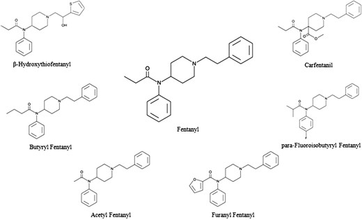 Molecular structures of fentanyl and fentanyl analogs.