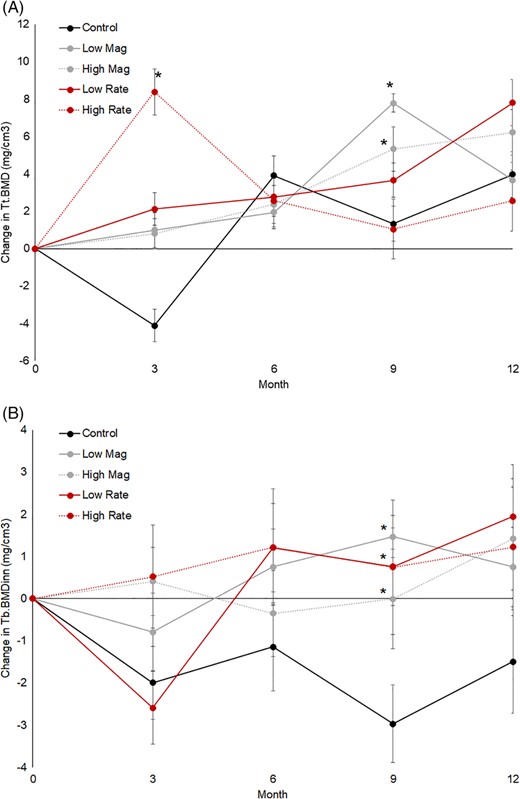 (A) Change in Tt.BMD and (B) Tb.vBMDinn from baseline versus time, per group. Significant group changes versus control group at specific time points are labeled with *. Error bars represent standard error.