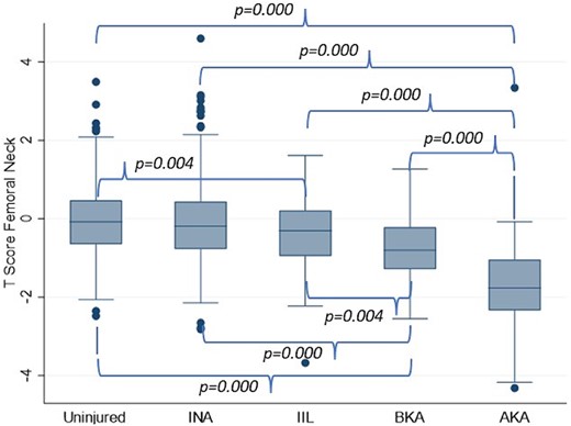 BMD T‐scores at the femoral neck in uninjured (mean value of both sides), injured non‐amputees (INA, mean value of both sides), the intact limb of unilateral amputees (injured intact limb, IIL), and the amputated limbs of unilateral and bilateral amputees separated into below knee amputation (BKA) and above knee amputation (AKA).
