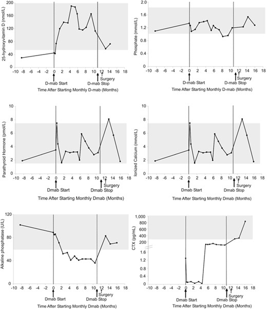 Serum biochemical response to denosumab in patient 2. Normal ranges are shown in gray. D mab = denosumab.
