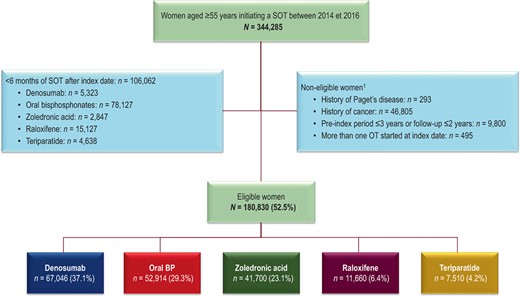 Patient flow diagram. 1Women may be ineligible for more than one reason and these categories are thus not mutually exclusive. Percentages are calculated with respect to the previous line. BP = bisphosphonate; SOT = specific osteoporosis treatment.