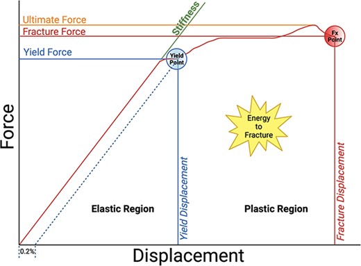 Stress-strain, force-deformation curve demonstrating elastic and plastic regions, and ultimate bone strength. Adapted from Hart et al.29 The figure was created using BioRender.