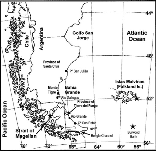 The southern tip of South America showing Bahía Grande and Monte Tigre (the studied area). Sites of origin of the material used by Macpherson (1988) to first describe L. confundens are marked with star.