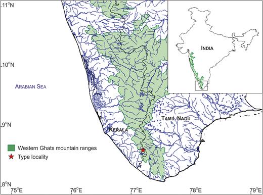 Type locality of Kani maranjandun. gen., n. sp., southern Western Ghats, southern India.