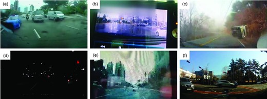 Excluded video clips: (a) rear-faced dash cams, (b) recorded on the playback, (c) aftereffect of the accident, (d) low light, (e) poor image quality and (f)third point of view.