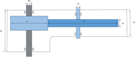 Engineering diagram of a speed reducer showing seven design variables (x1-x7) including gear face width, shaft diameters, shaft lengths, and housing dimensions, with cross-sectional view and dimension arrows.