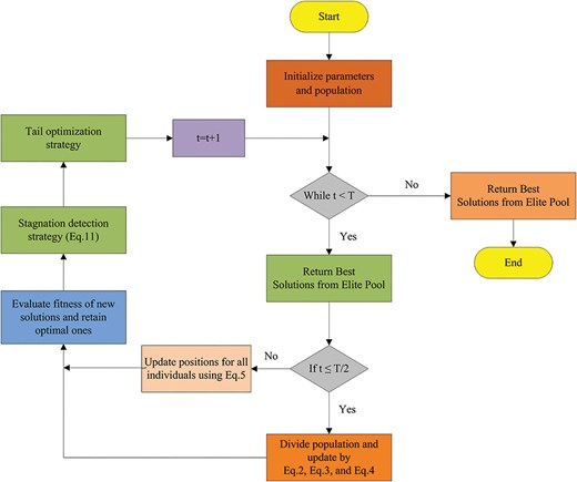 Flowchart starting from initialization, entering a While loop (t lessthan T), adjusting masking probability, then branching at t lessthan T/2: Yes goes to population division (M. Eqs., 2, 3, 4), No goes to position update (A. R. Eq., 5), both converging to fitness evaluation, stagnation detection, tail optimization, and t = t + 1 before loop continuation.