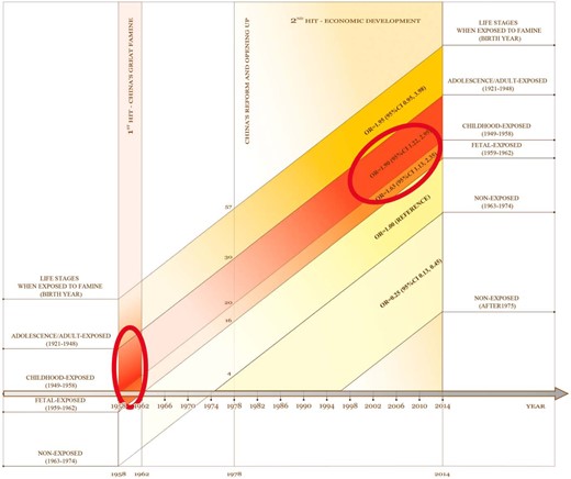 Association of famine exposure and economic status with diabetes.