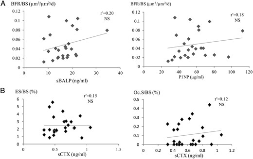 In the subgroup of 26 patients with moderately reduced renal function (eGFR < 60 mL/min/1.73 m2), no correlation was found between: (A) sBALP, sPINP, and histomorphometric parameters of bone formation (BFR/BS, bone formation rate); and (B) sCTX and the histomorphometric parameters of the bone resorption (ES/BS, eroded surfaces; Oc.S/BS, osteoclast surfaces).