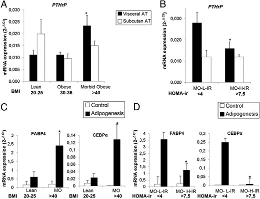 PTHrP mRNA expression levels in whole human VAT and SAT adipose tissue and adipogenic capacity of visceral and subcutaneous A-hMSC from subjects with different BMI and degree of IR.