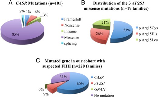 A, CASR mutations detected in this study; percentages by type. B, Distribution of the three AP2S1 missense mutations in 19 families. C, Percentages of FHH types in our cohort of 220 families.
