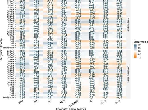 Spearman correlation coefficient heatmap of the PL and CE fatty acids with covariates and outcomes of the PROMISE participants at the baseline visit (2004–2006).