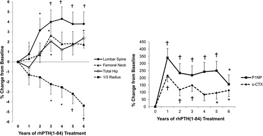 Changes in BMD, P1NP, and serum CTX.